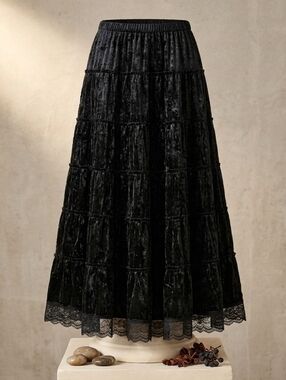 MOA MOA Crushed Velvet Sequin Embellished Lace Trim Peasant Maxi Skirt